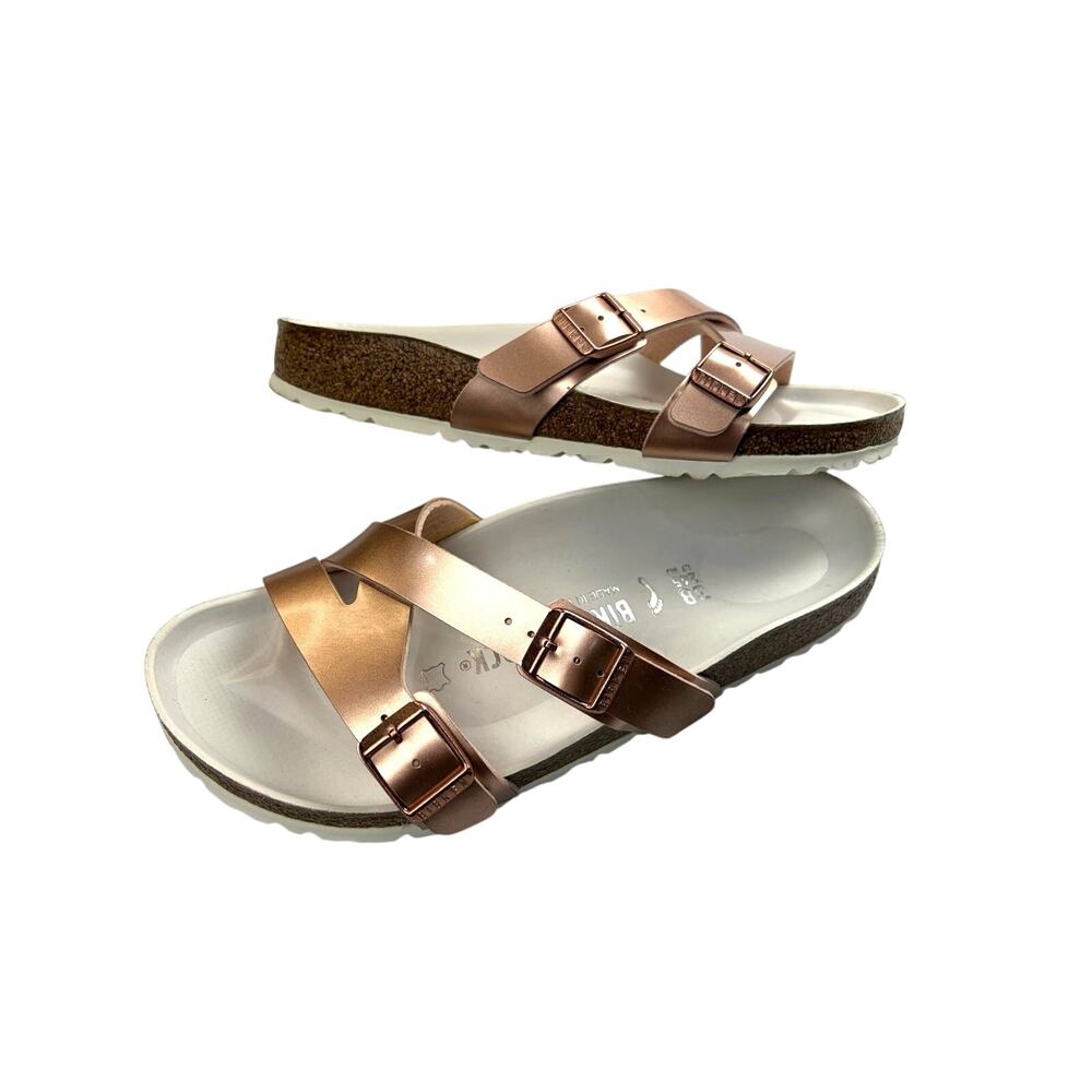 Birkenstock Metallic Yao Rose Gold Sandals Size 38 US 7 Pristine Condition